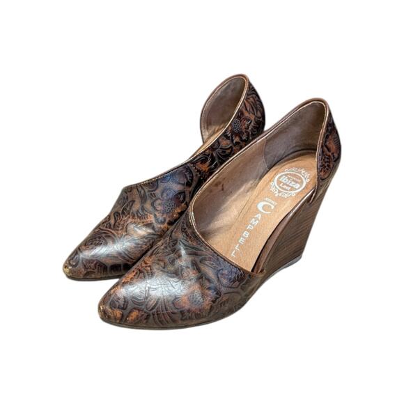 Jeffrey Campbell Ibiza Tooled Leather Wedges Heels Slip On Brown Floral Embossed - Picture 2 of 7